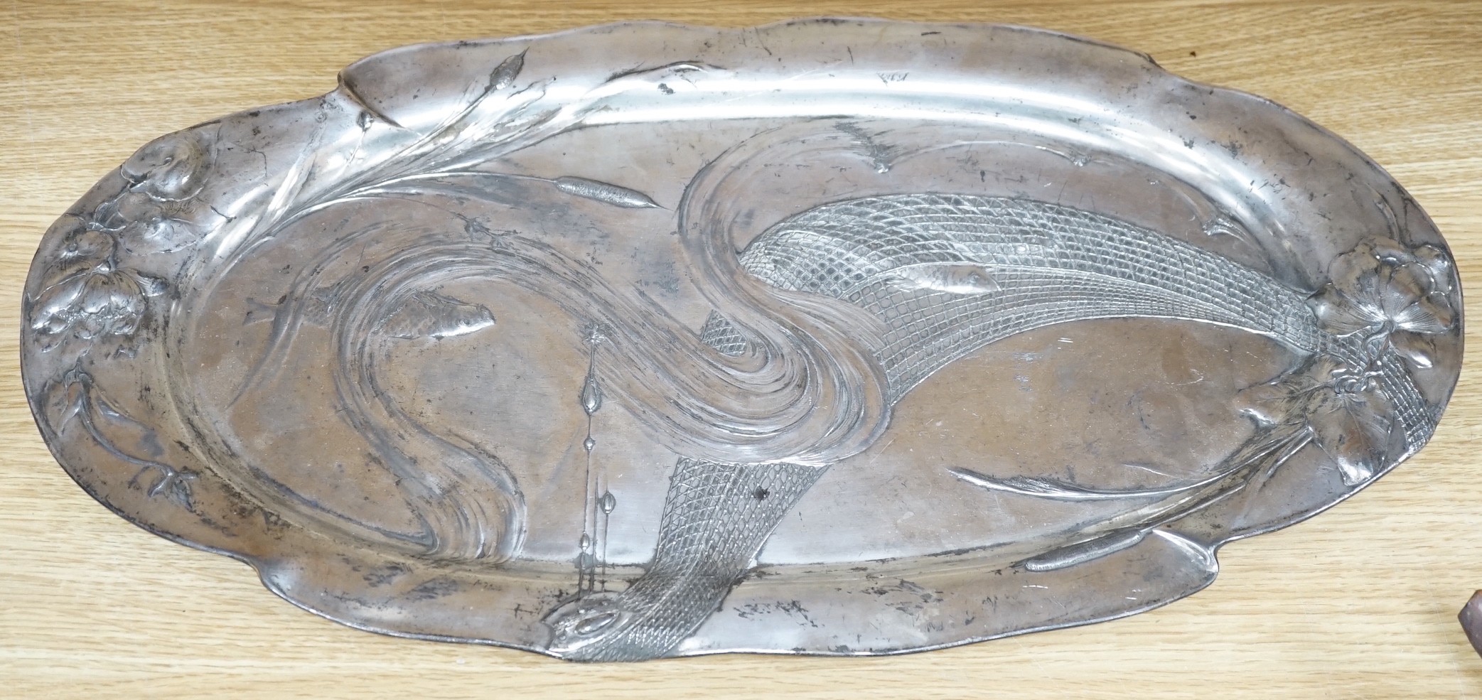 WMF style oval pewter fish dish, monogrammed and dated 1913 to reverse, 57cm long